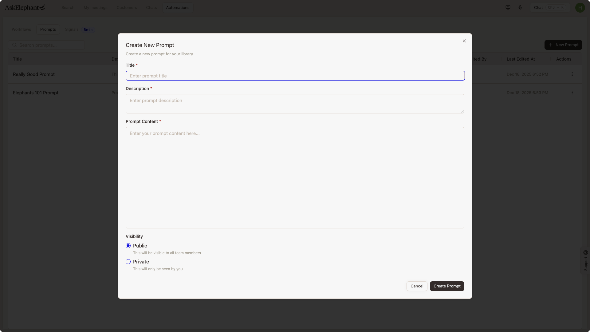 Create new prompt modal with empty form