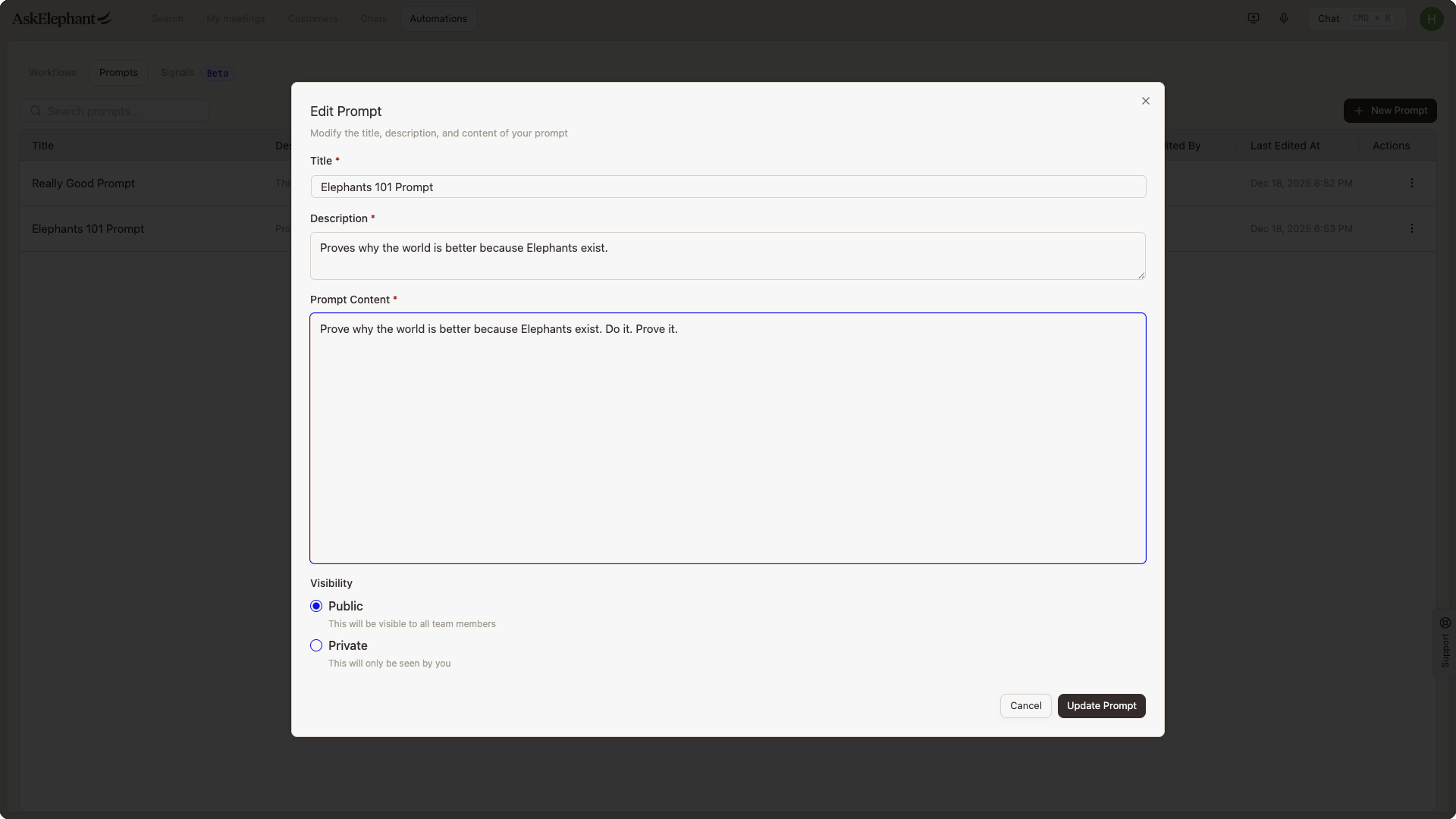 Prompt editor showing a complete example prompt