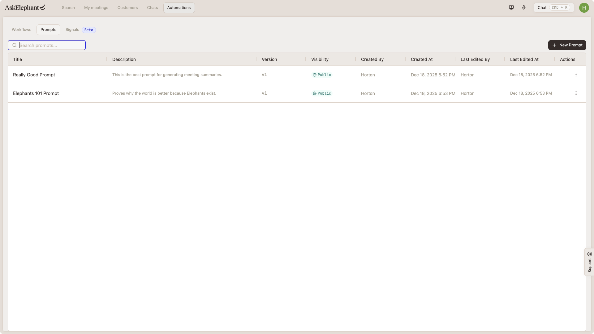 Prompts list table in AskElephant Automations