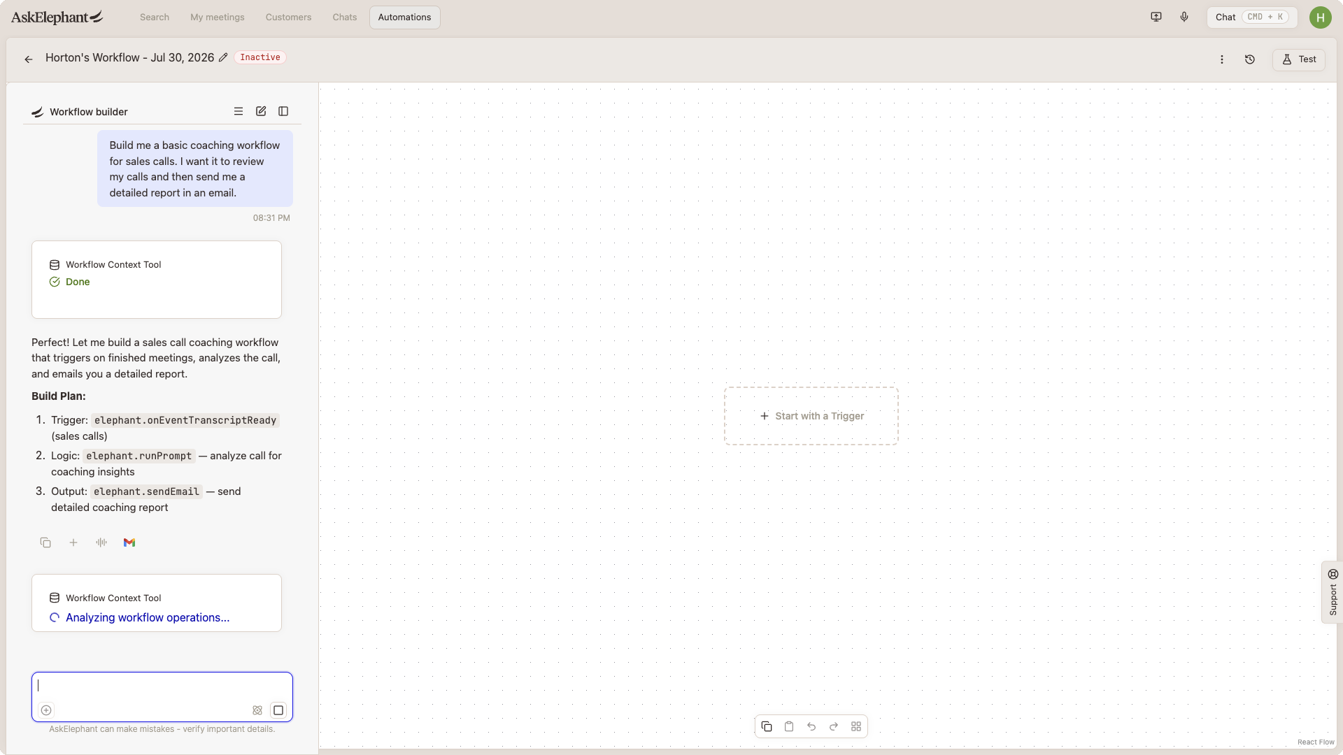 AI workflow assistant chat panel with a generated build plan