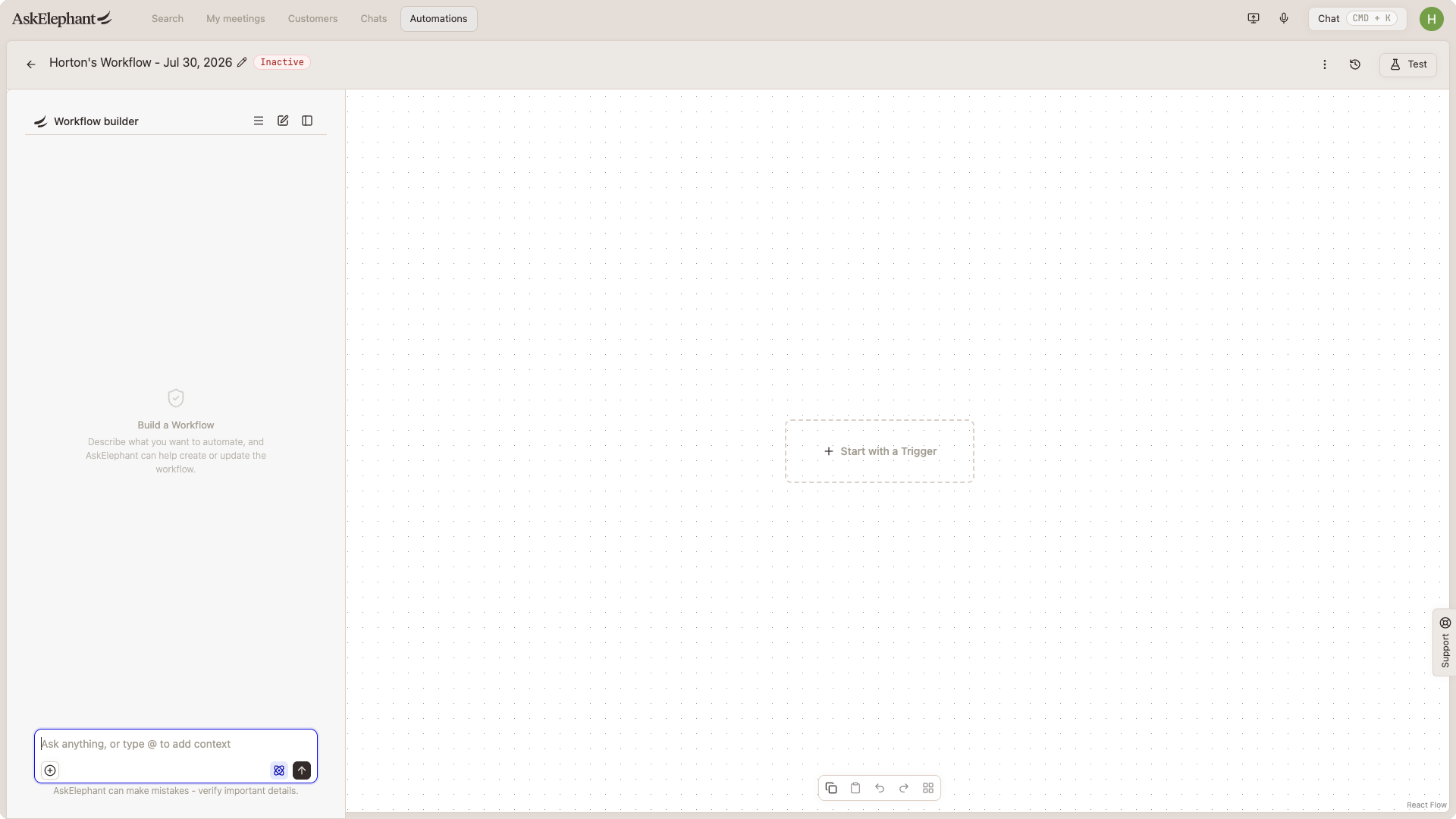 Empty workflow builder canvas prompting you to add a trigger