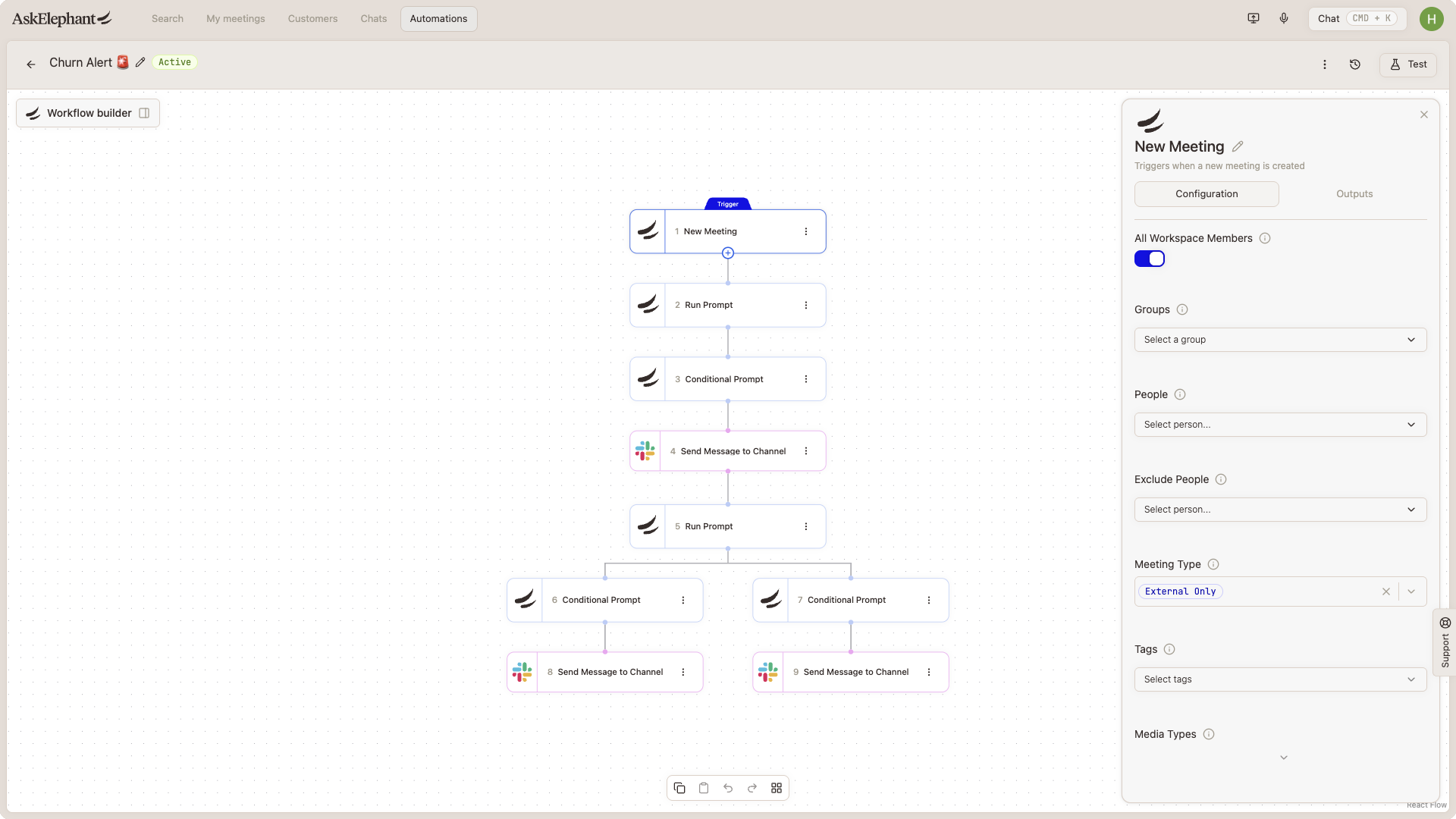 New meeting trigger configuration panel with meeting filter options
