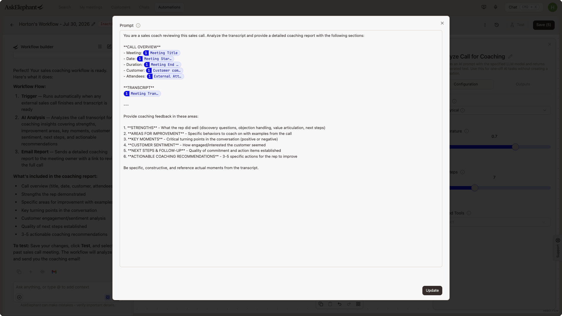 Expanded prompt editor in the workflow builder where you type double-brace variables to reference earlier node outputs