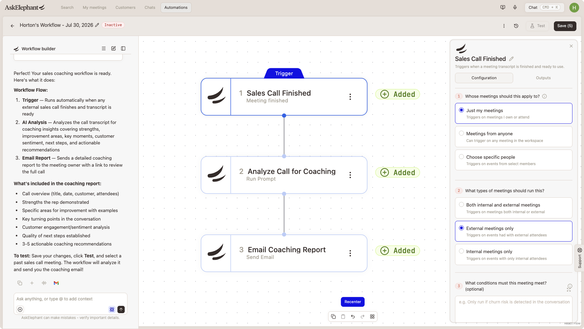Trigger configuration panel with external meetings selected