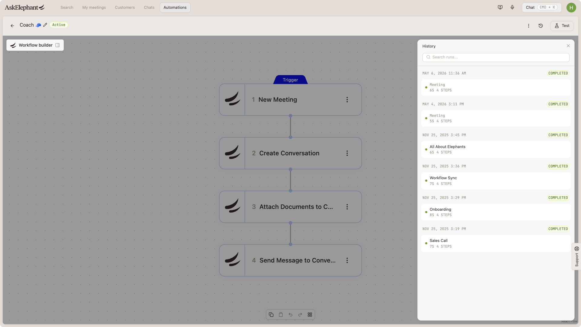 Workflow Runs tab listing recent executions