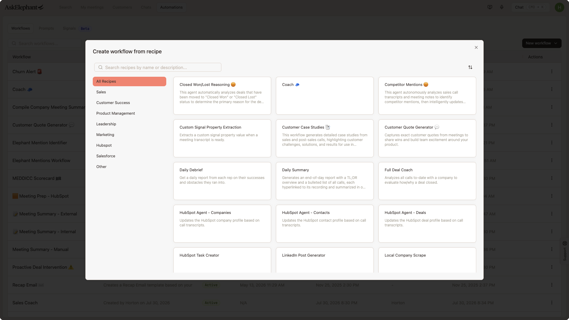 Recipes gallery showing pre-built workflow templates to browse