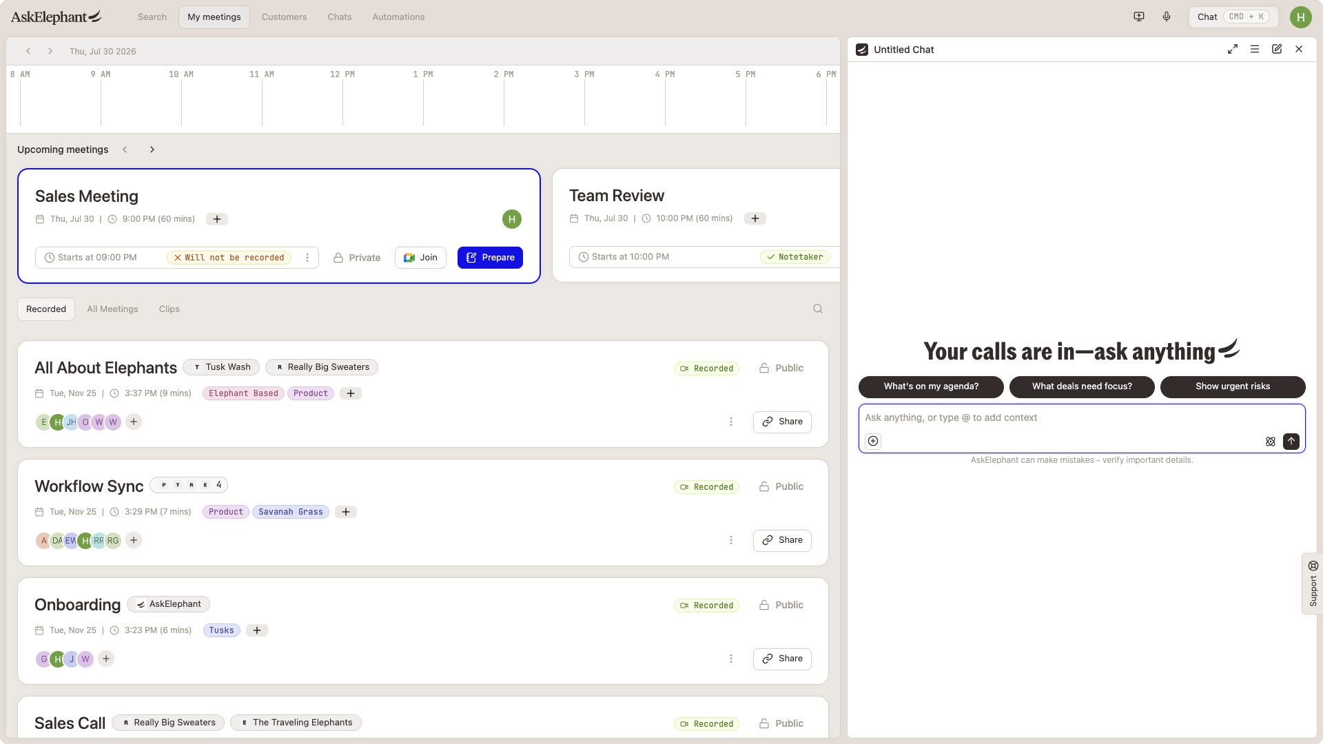 Global Chat panel in AskElephant with suggested prompts for asking questions across your call library