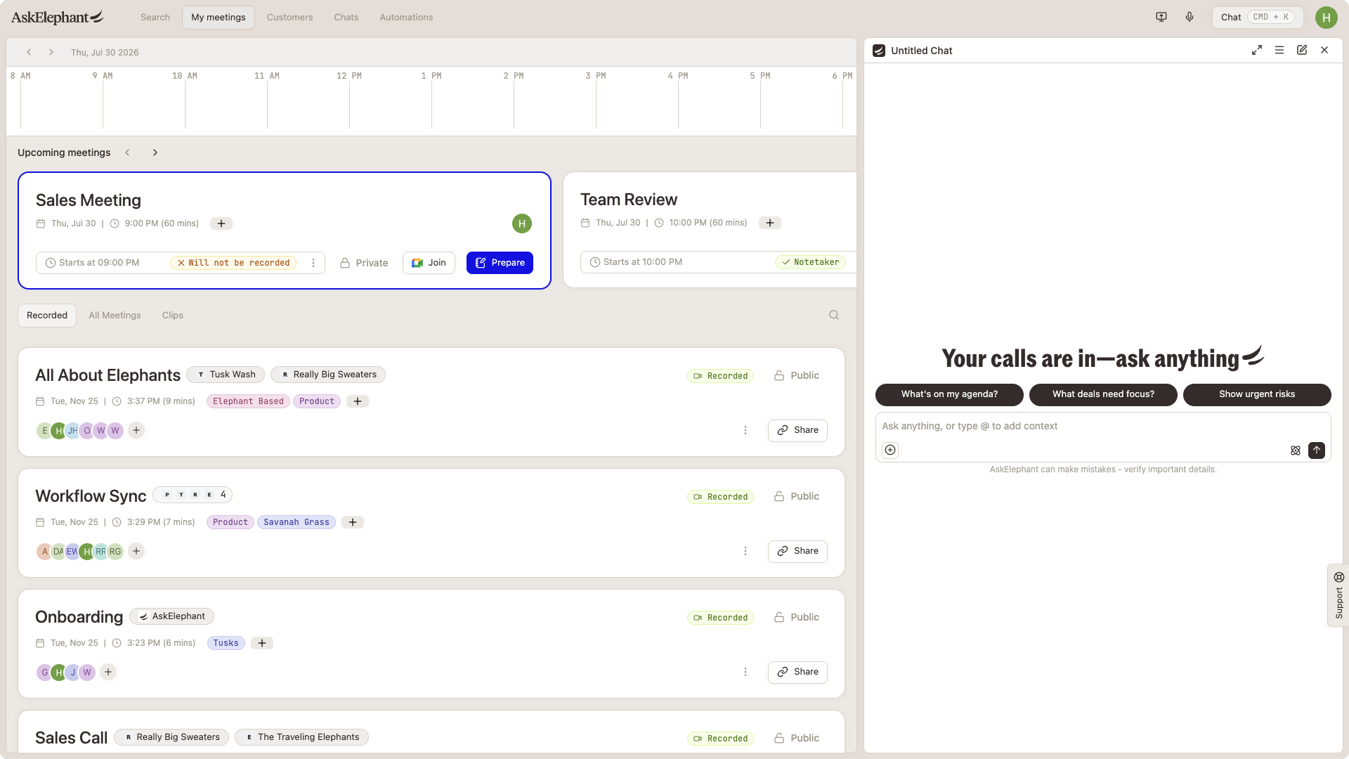 Side Chat panel open in AskElephant showing the empty state with suggested prompts