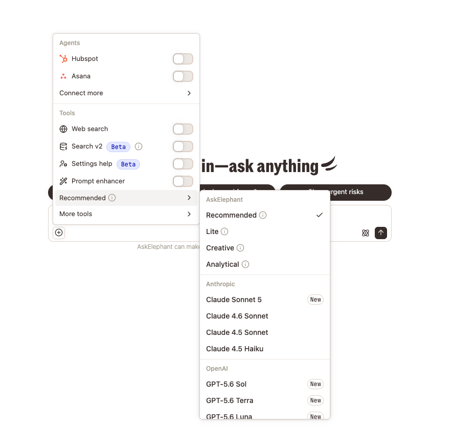 Close-up of the AI model selector: Recommended, Lite, Creative, Analytical, and Claude/GPT models