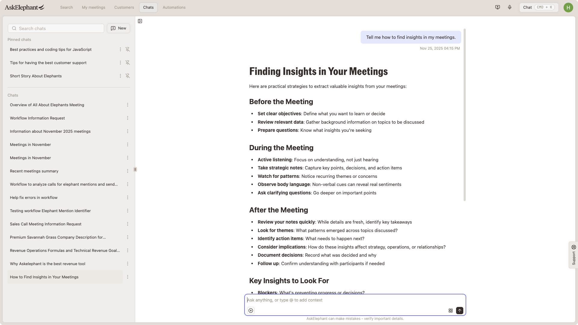 Chat response surfacing insights found across meetings