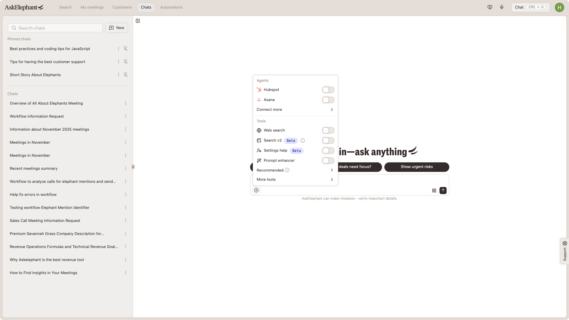 AskElephant Chats landing page with the Agents and Tools dropdown open