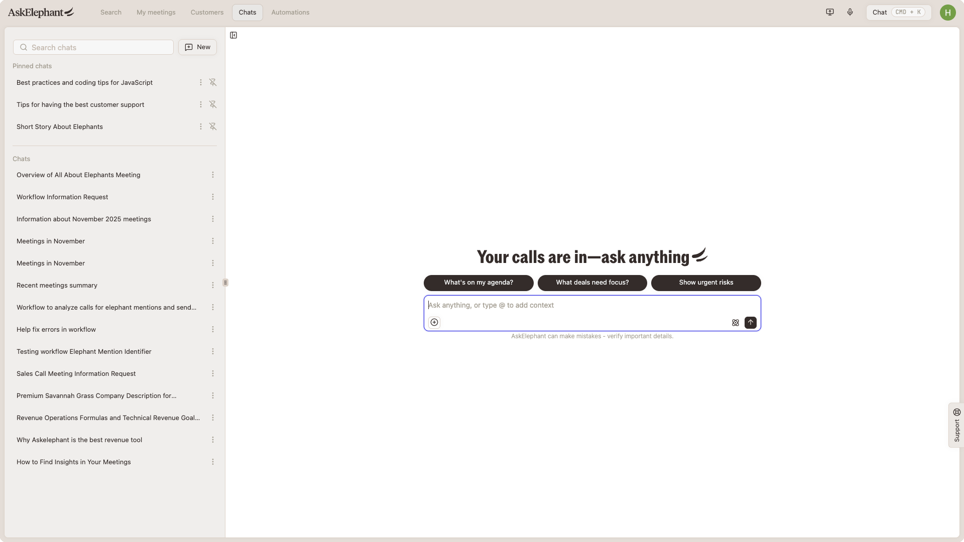 Chats landing page empty state with ask anything prompt