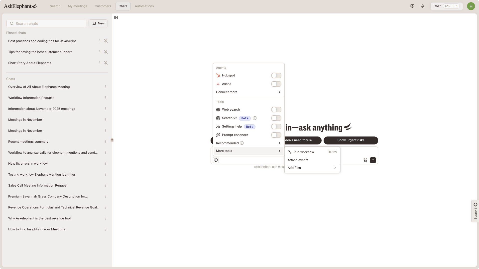Tools submenu showing web search and internal search options in Chat