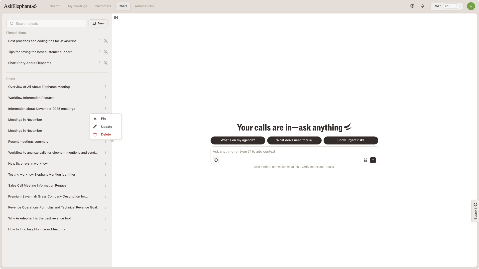 Chat sidebar list of past conversations with item context menu