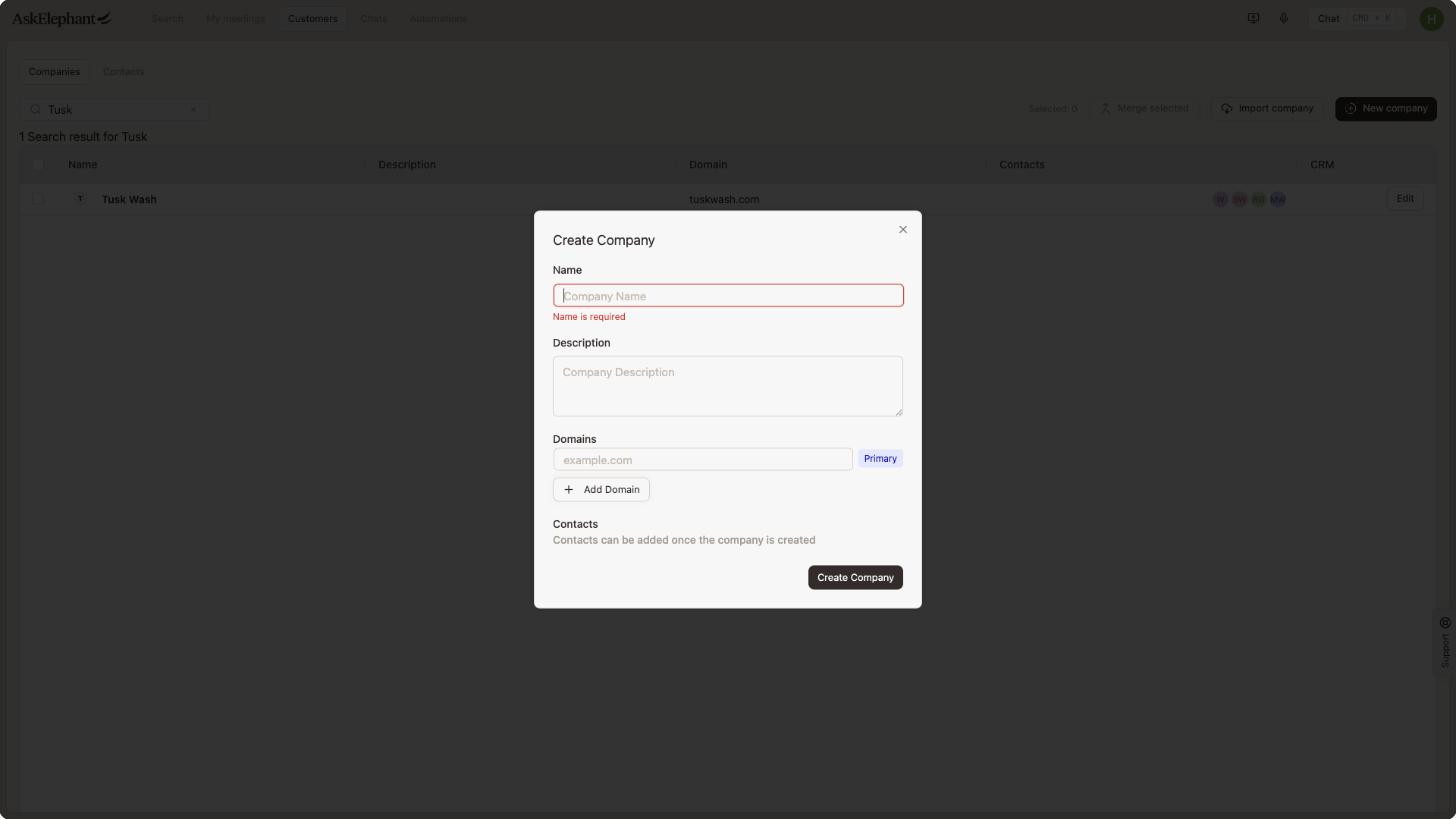 The Create Company modal in the Customers tab, showing the Name, Description, and Domains fields