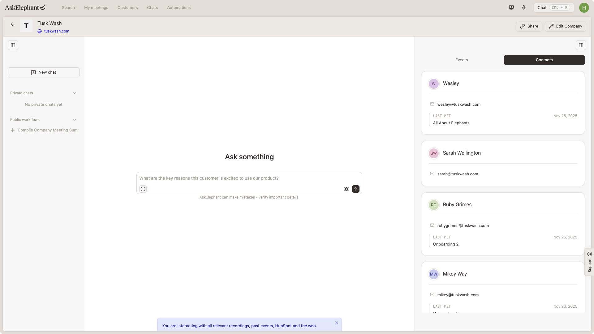 A company page showing meeting history, conversation, and the contacts list
