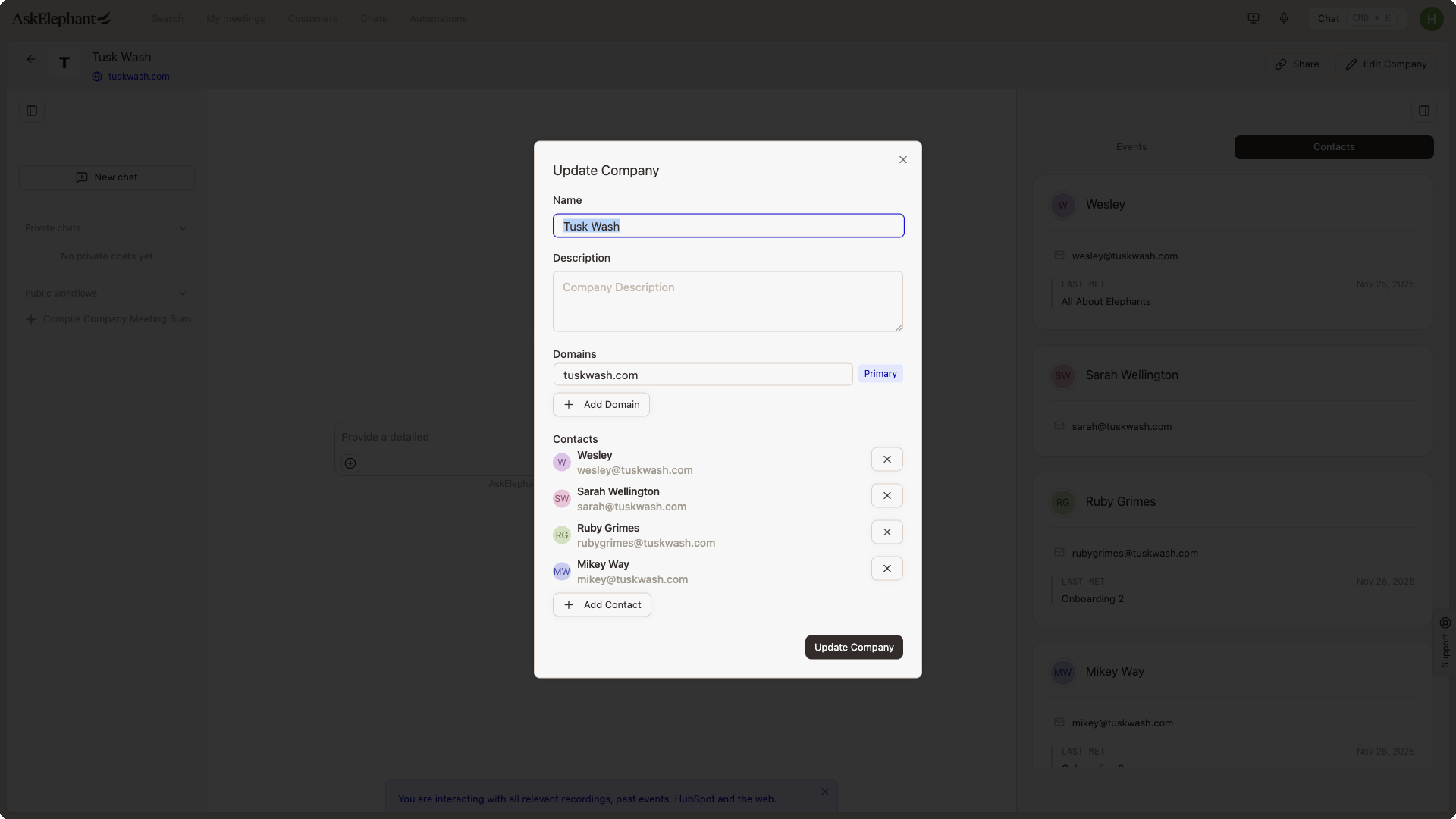 The Update company modal for editing a company name, domain, and contacts
