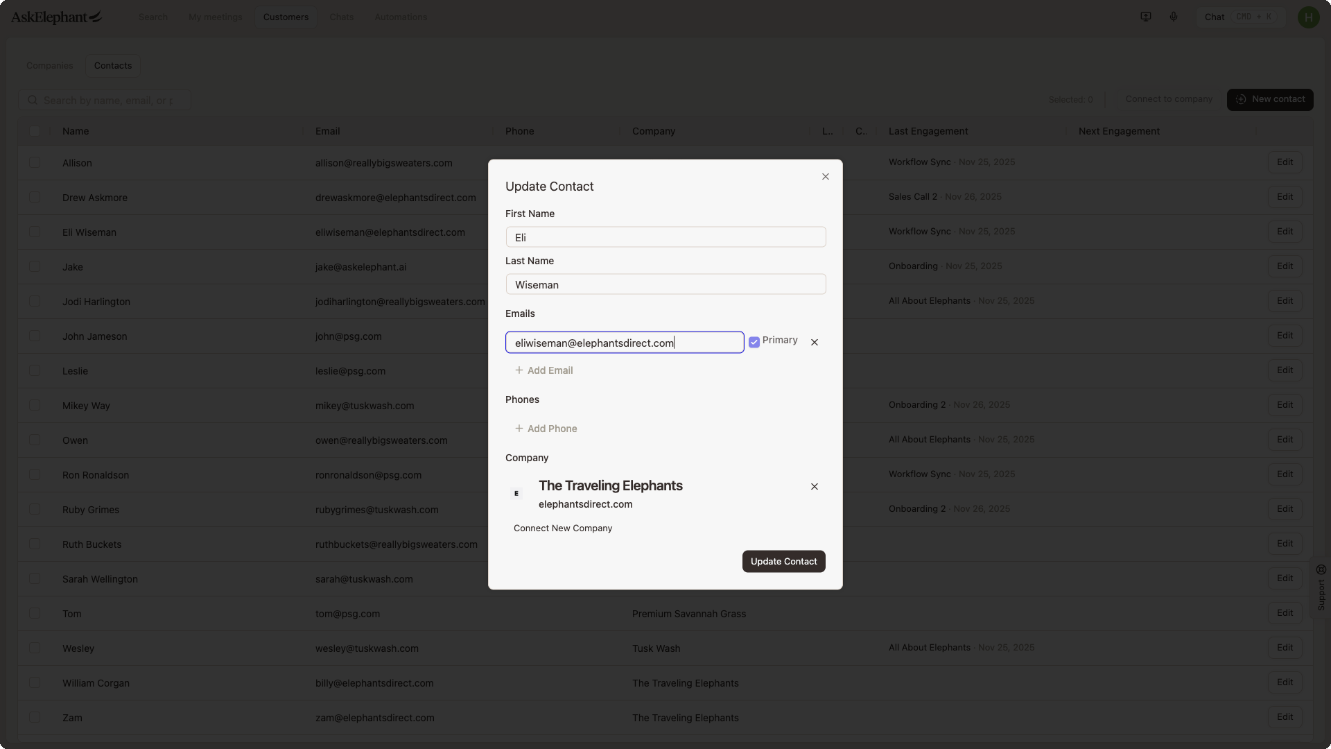 The Update contact modal for editing a contact's name, email, phone, and company