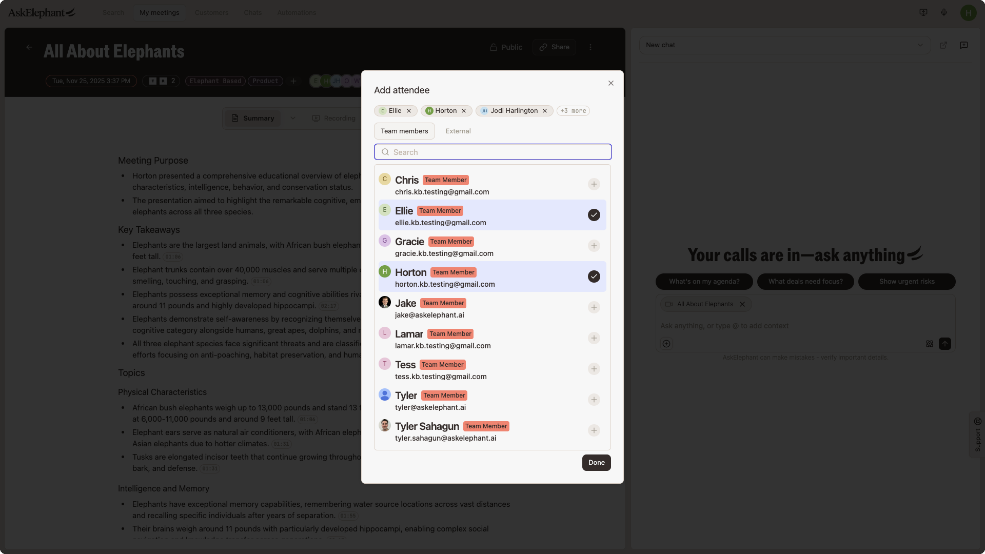 The Add attendee dialog on a meeting, showing the team members tab