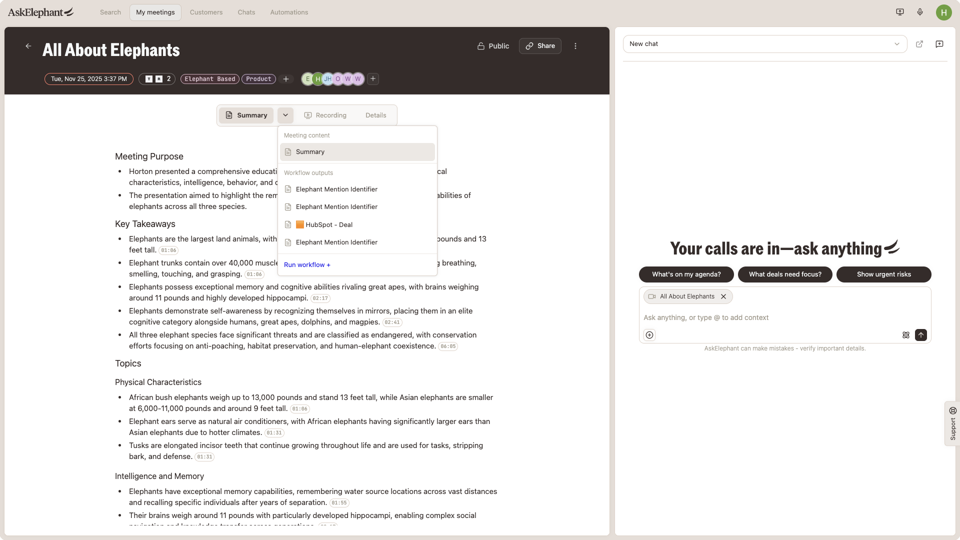 Workflow outputs dropdown expanded on the meeting page