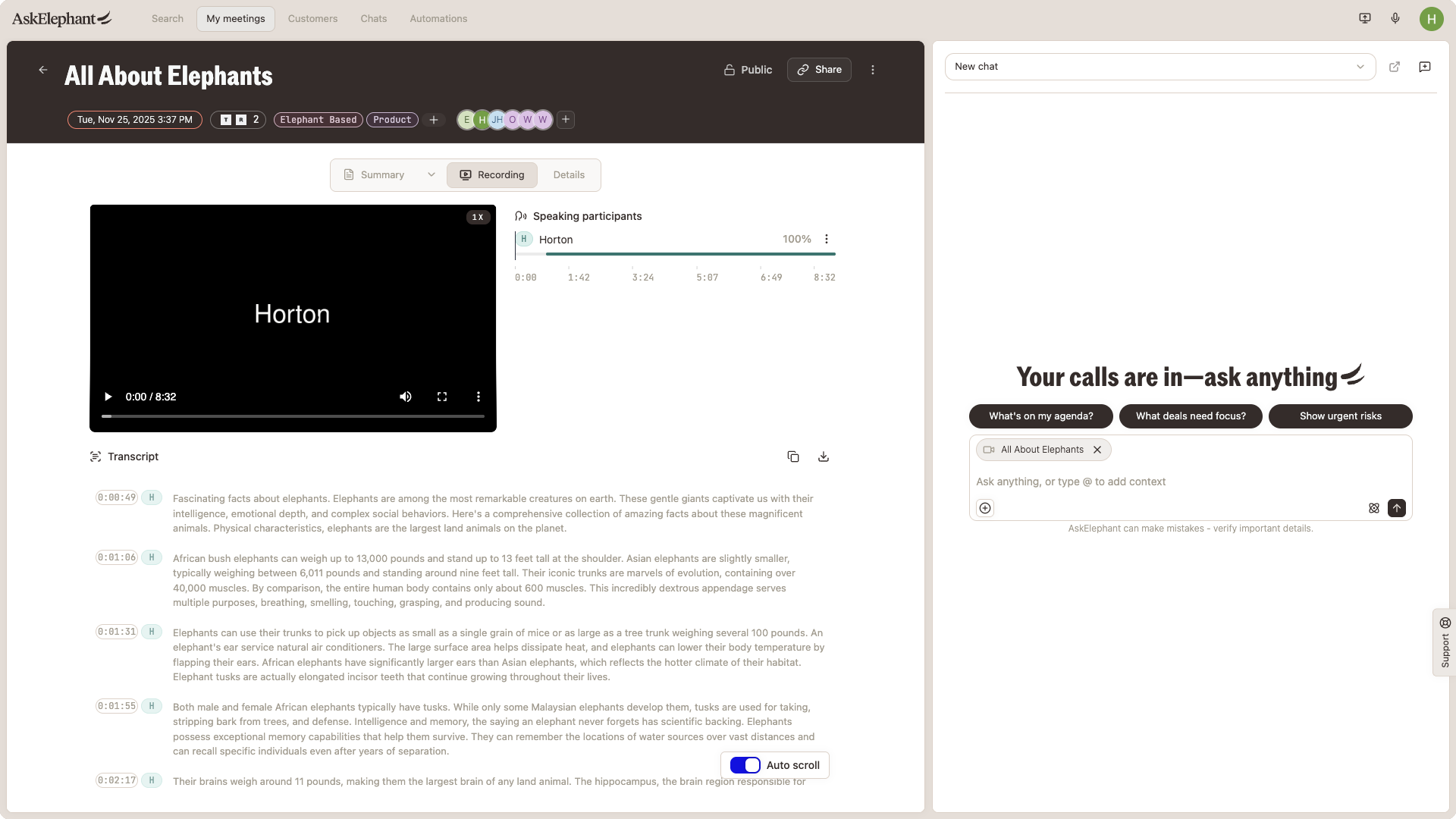 AskElephant meeting page showing the transcript on the recording tab