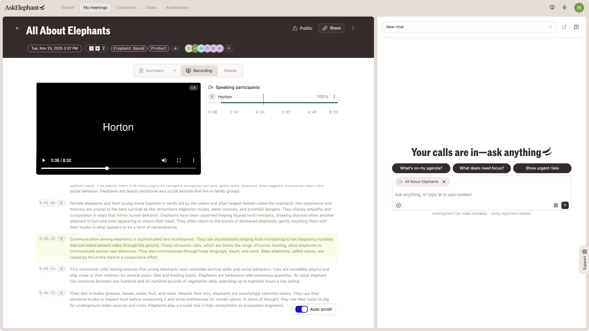 A meeting Recording tab showing the named speaking participant and the synced transcript with speaker labels