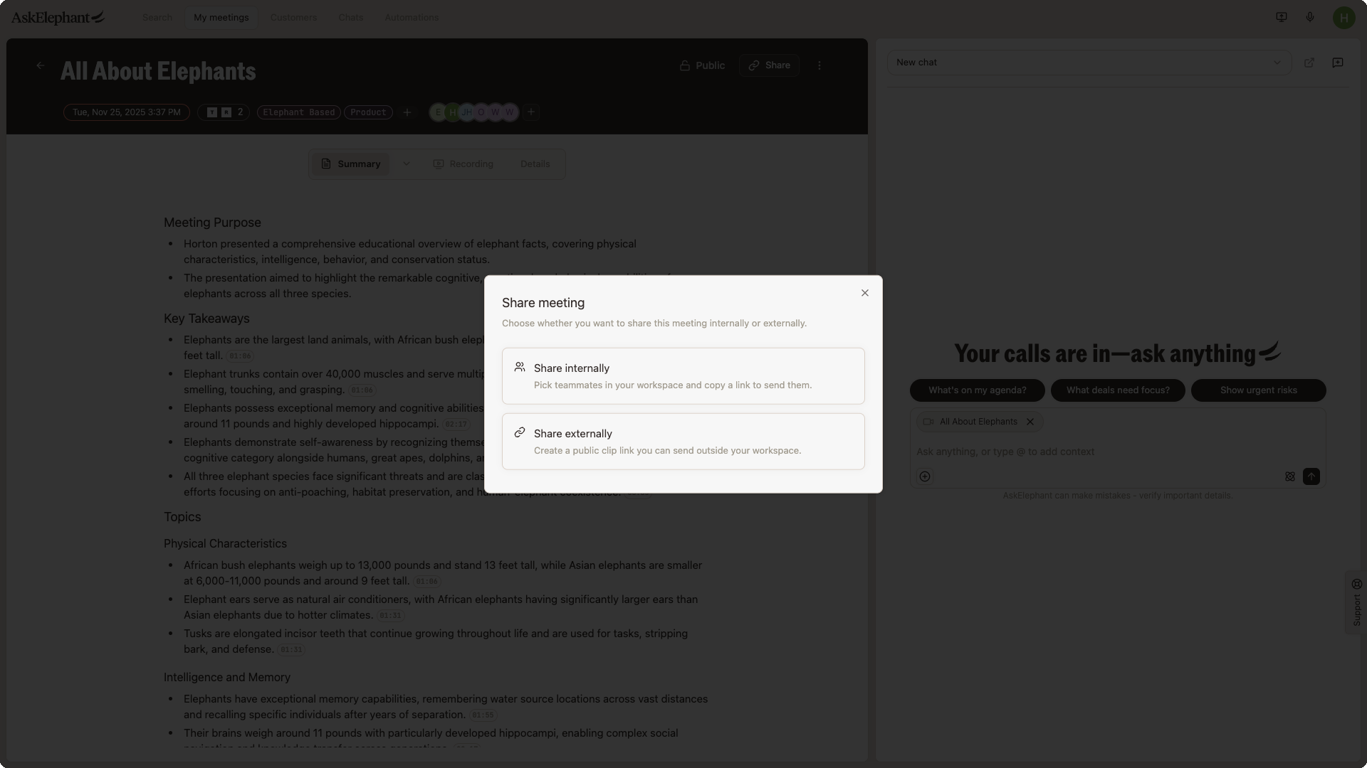 The Share meeting dialog with options to share internally or create an external clip link