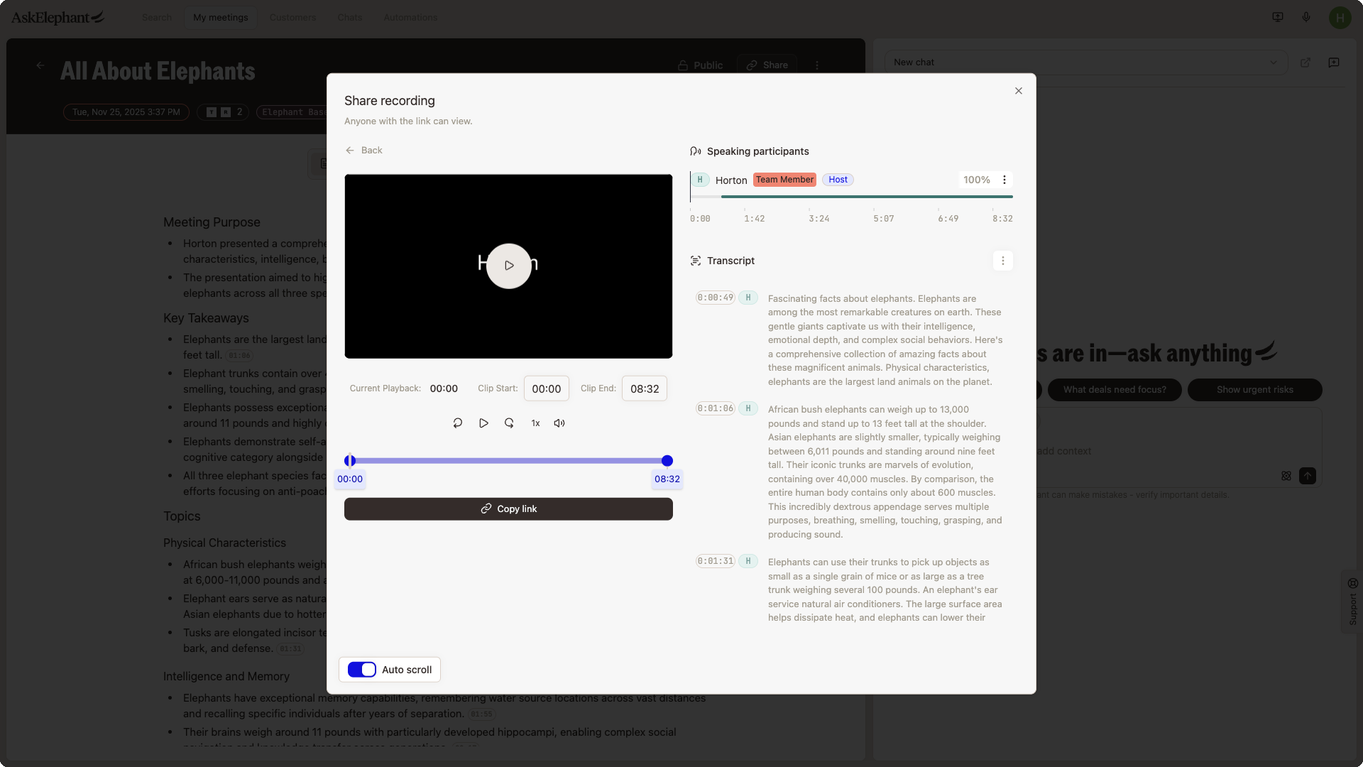 The Share recording clip editor, with Clip Start and Clip End controls and the timeline slider used to set a clip