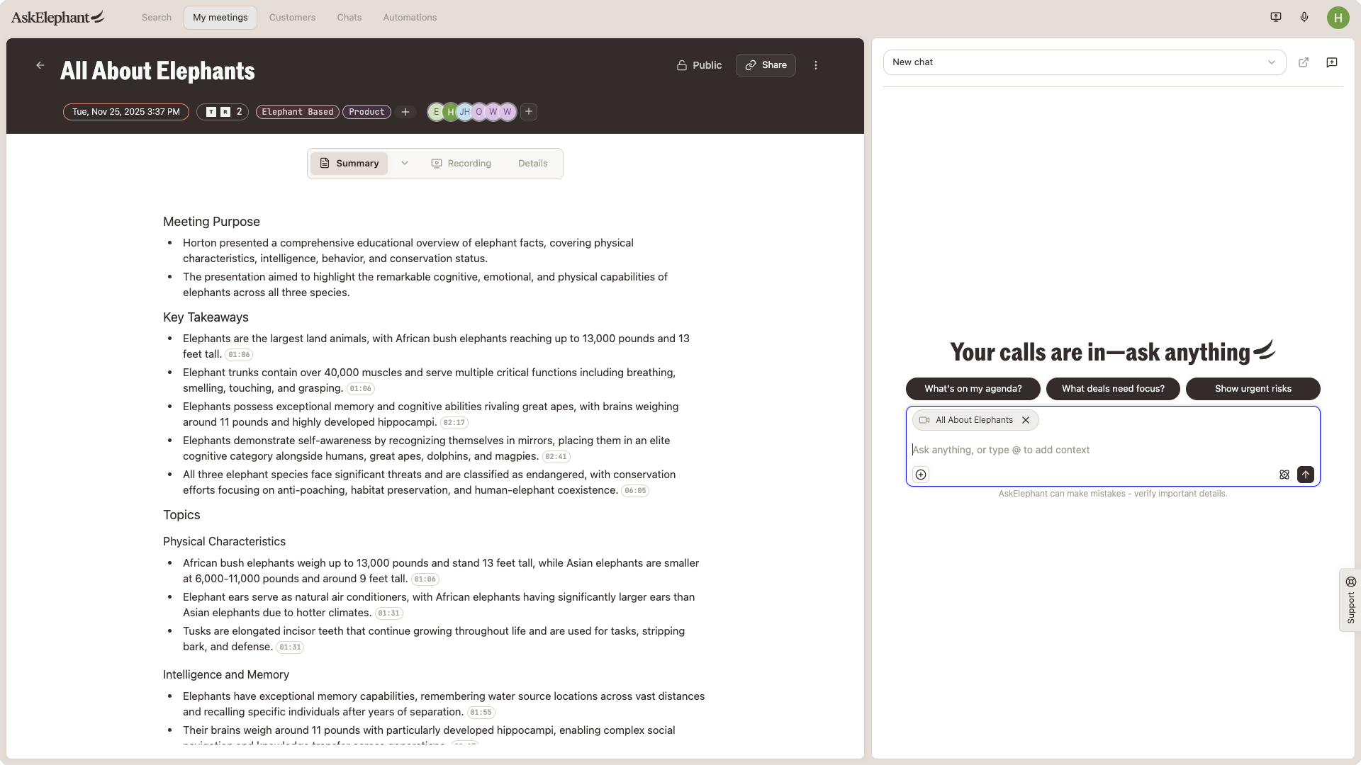 Meeting page two-pane layout with the summary on the left and chat on the right