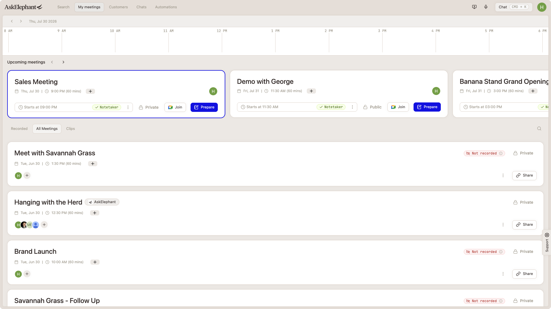 All Meetings tab listing every calendar event and whether it was recorded