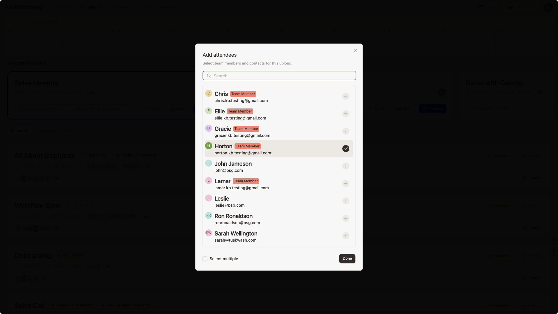 The Add attendees modal listing team members and contacts, each with a plus button to add them to the meeting