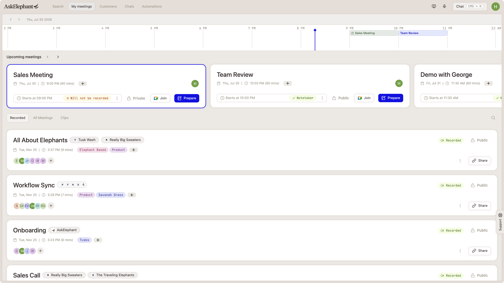 The My Meetings timeline showing events color-coded green for private and blue for public, above the upcoming meeting cards