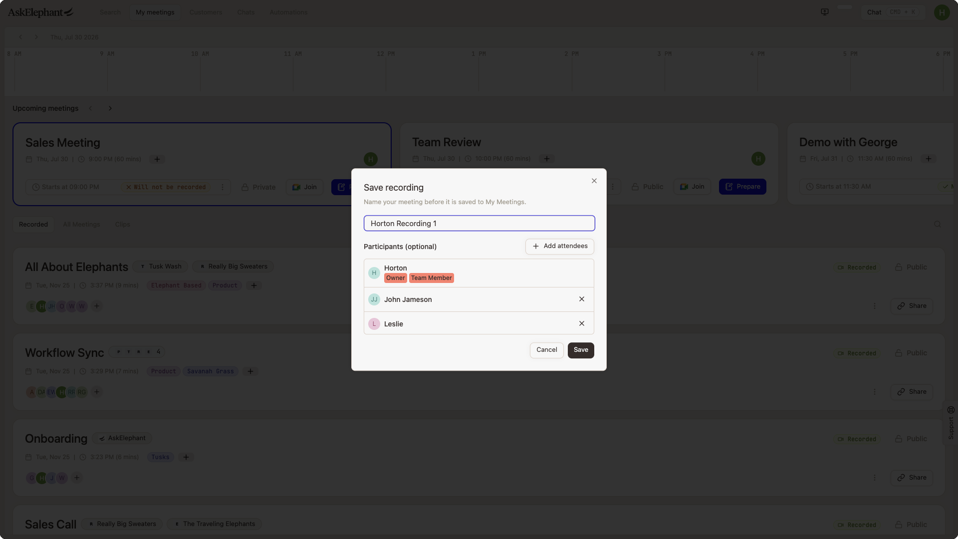 Save recording modal for naming the upload and setting participants before saving