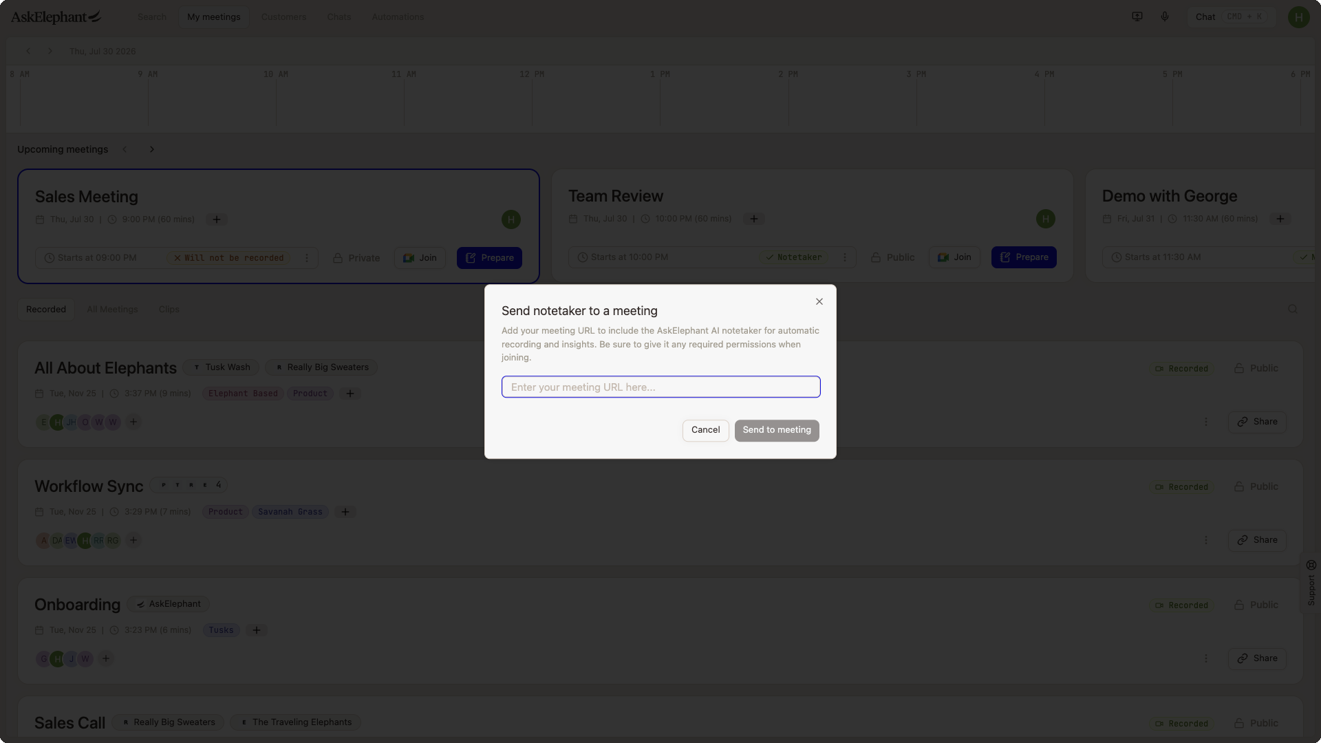 Send notetaker to a meeting modal with a field to enter the meeting URL