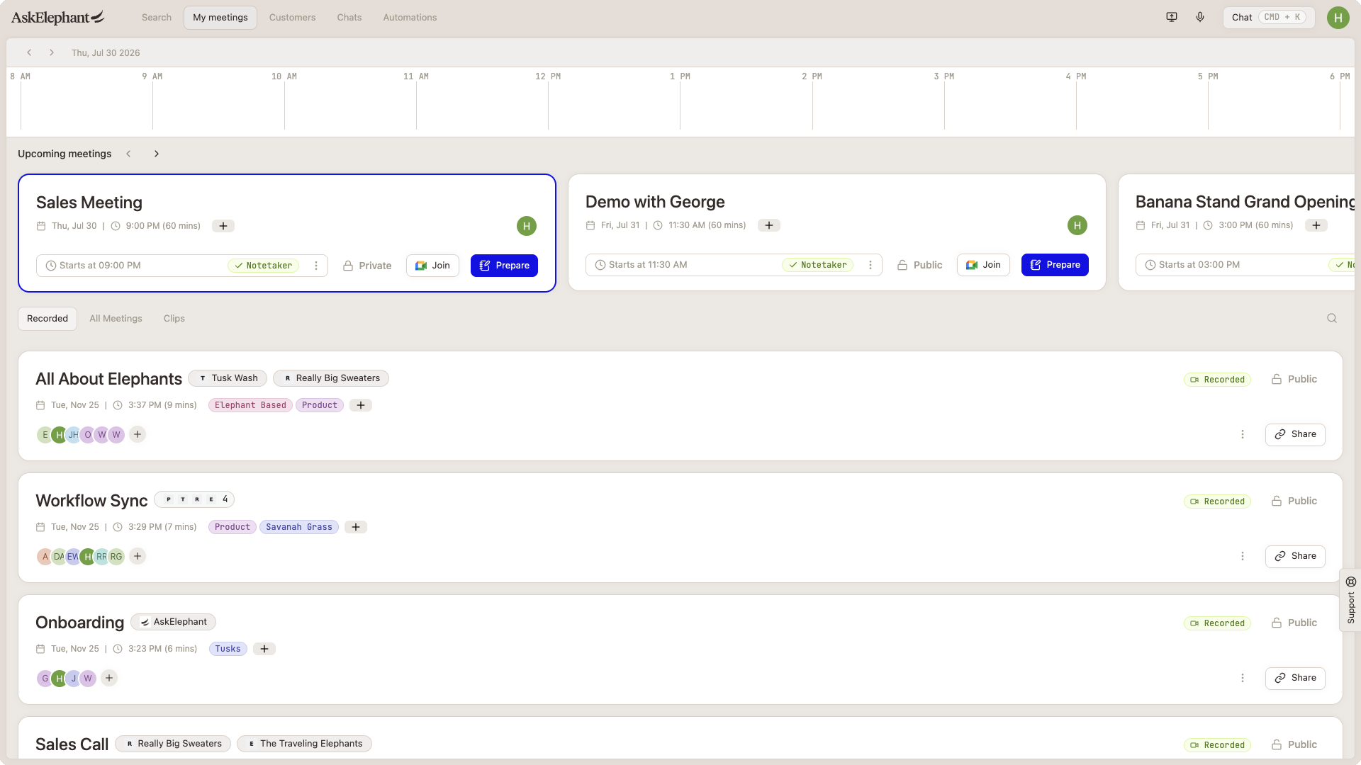 Upcoming meeting card with the blue recording toggle enabled