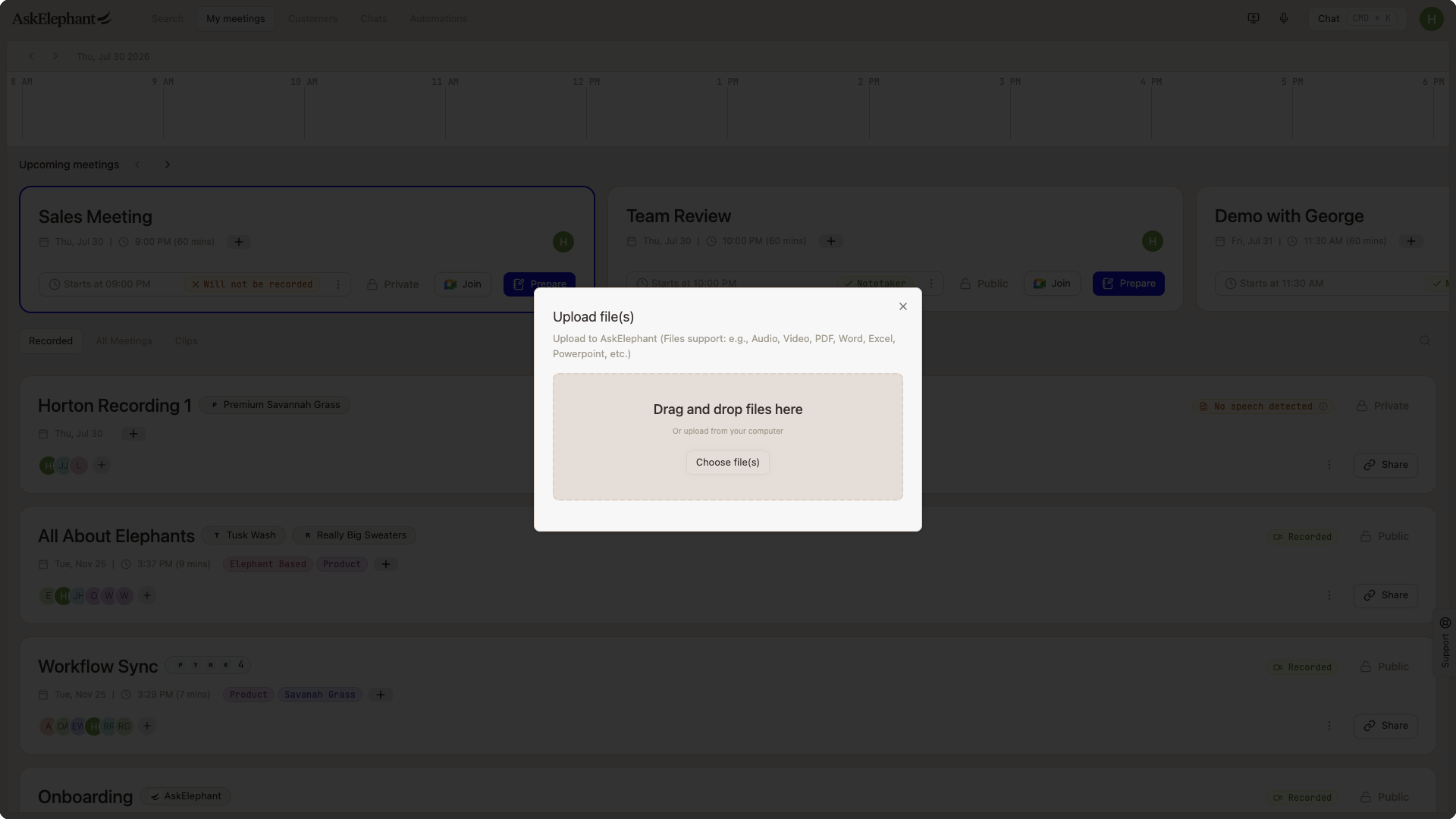 Upload files modal with a drag-and-drop area and Choose files button