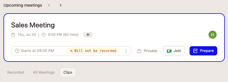 An upcoming meeting card tagged Will not be recorded, showing the meeting time and the Join and Prepare buttons