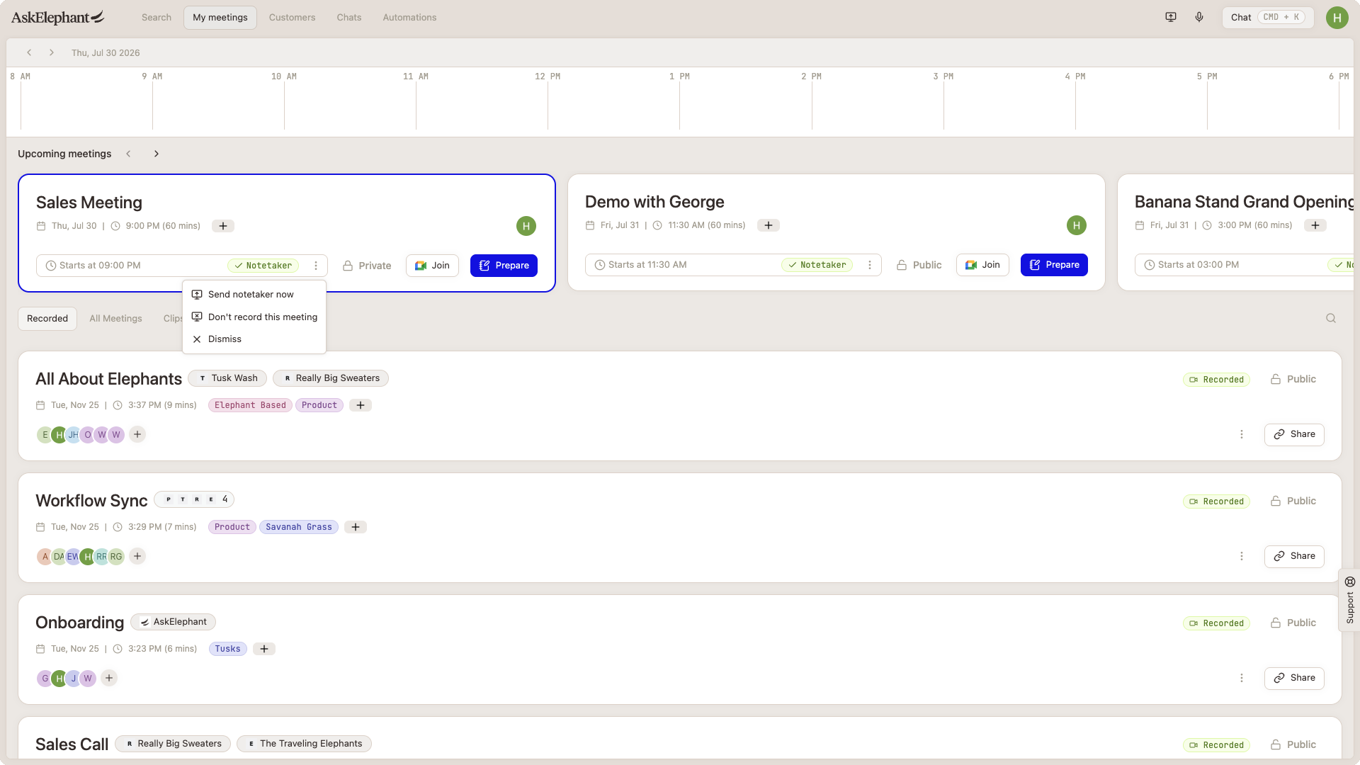 Notetaker options menu on an upcoming meeting for toggling recording