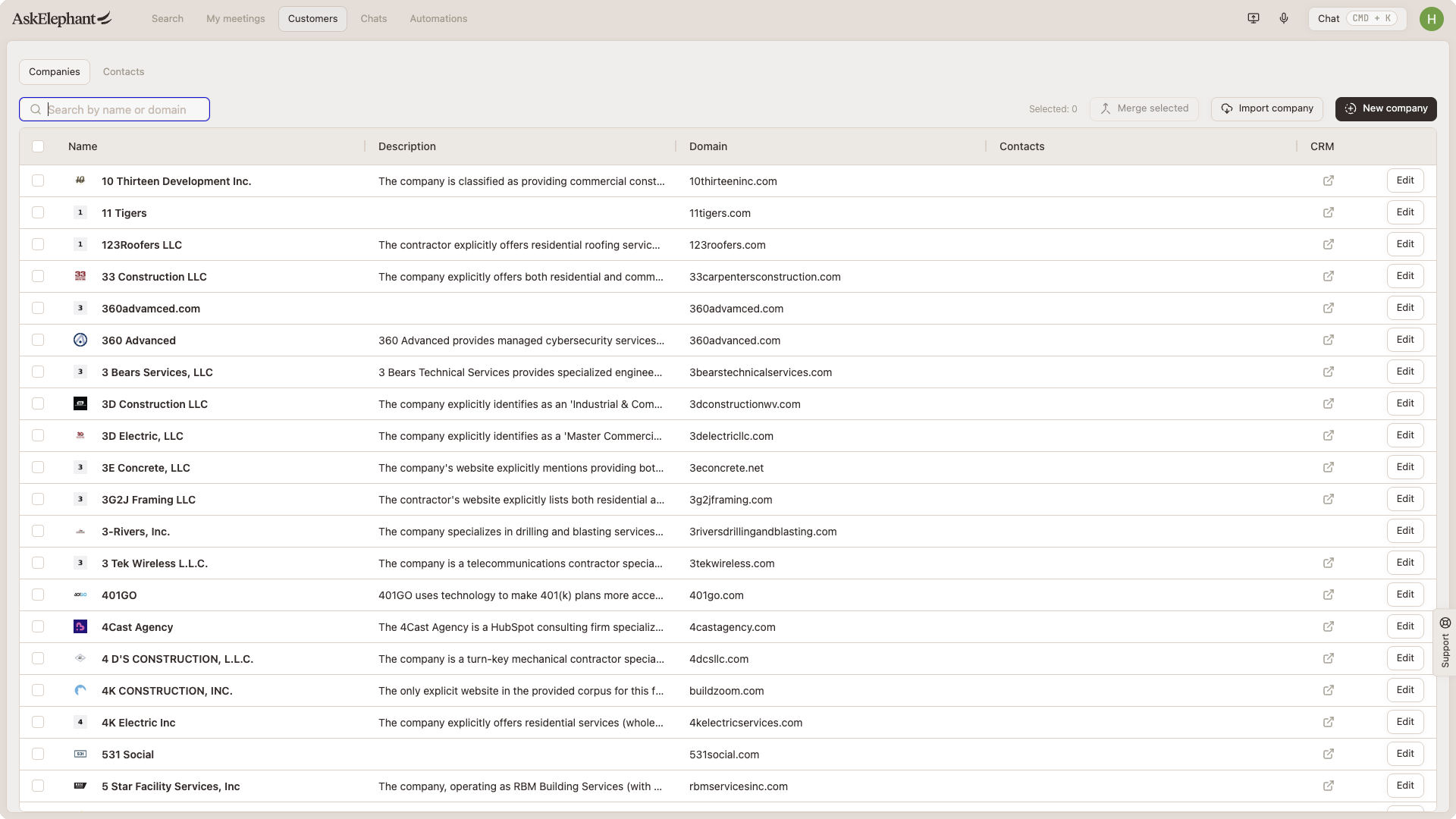 The Companies list showing all company records, with search, Create new company, and Import from HubSpot