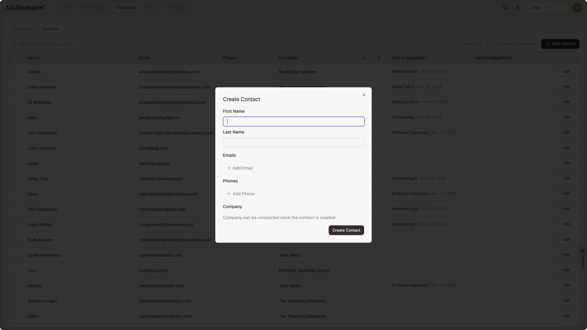 The Create new contact modal, where you enter a name, email, phone, and company