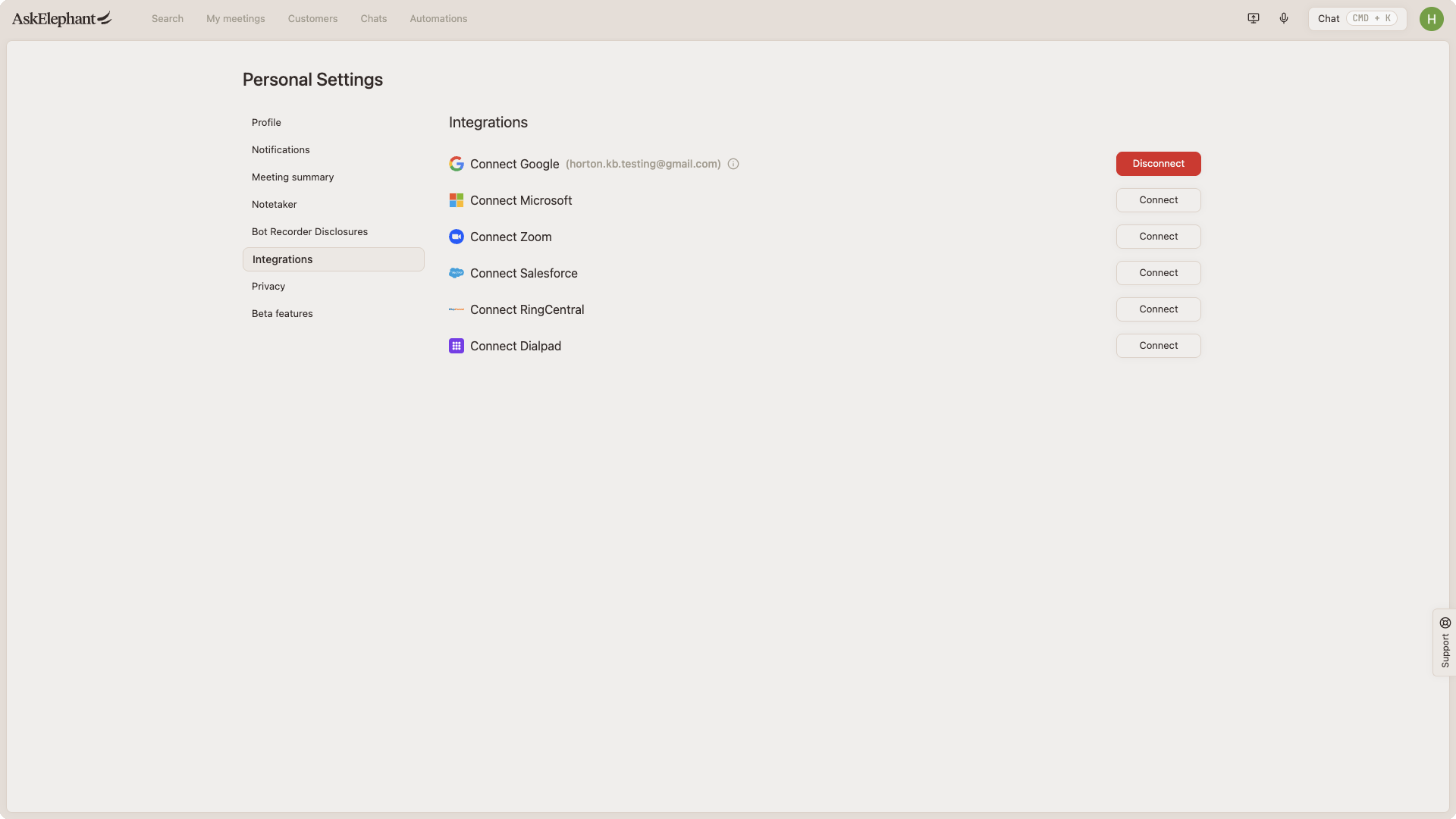 AskElephant personal settings Integrations page showing the Connected accounts list with Google connected and Salesforce available to connect