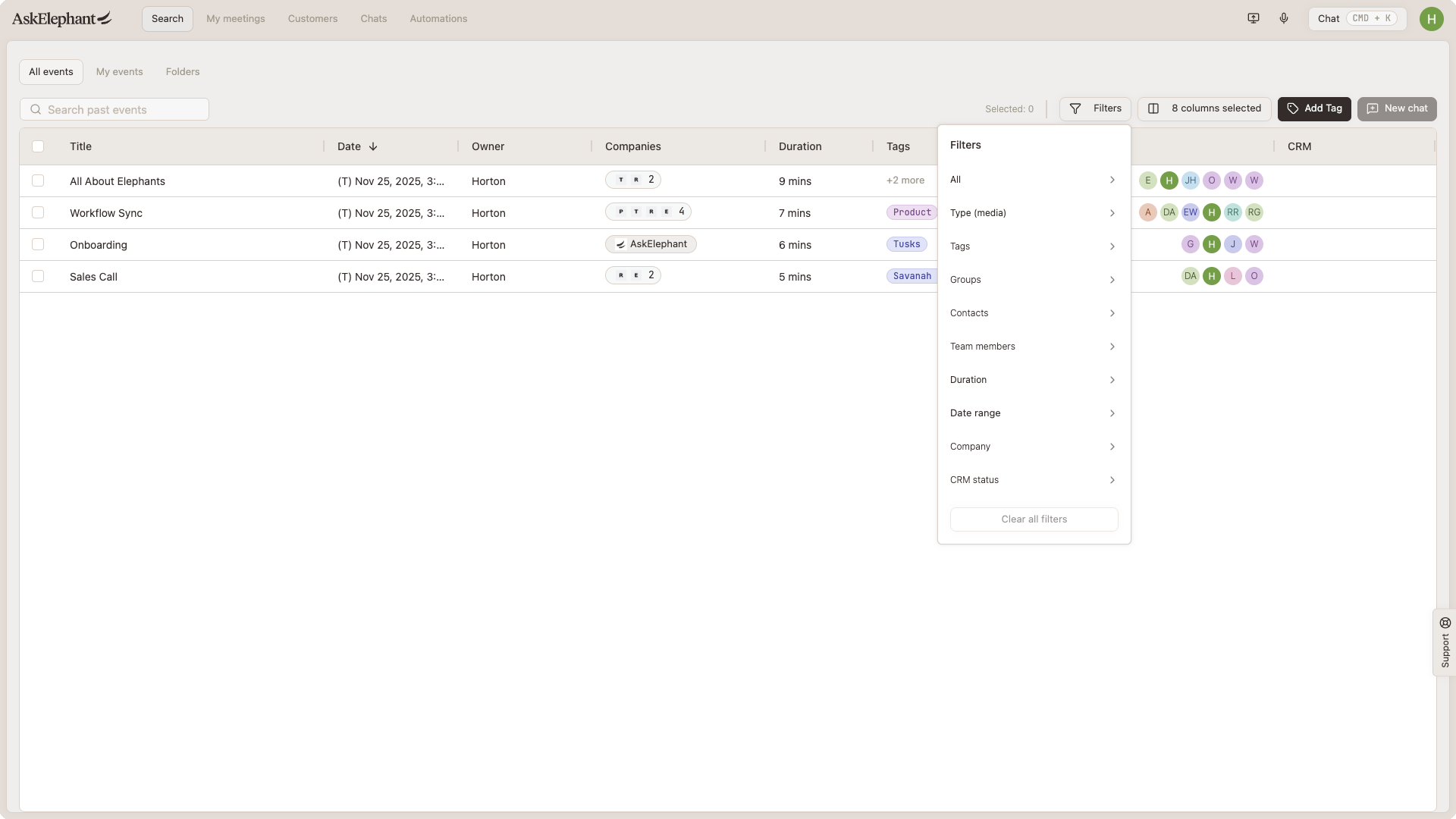 Search page with the filters menu dropdown open
