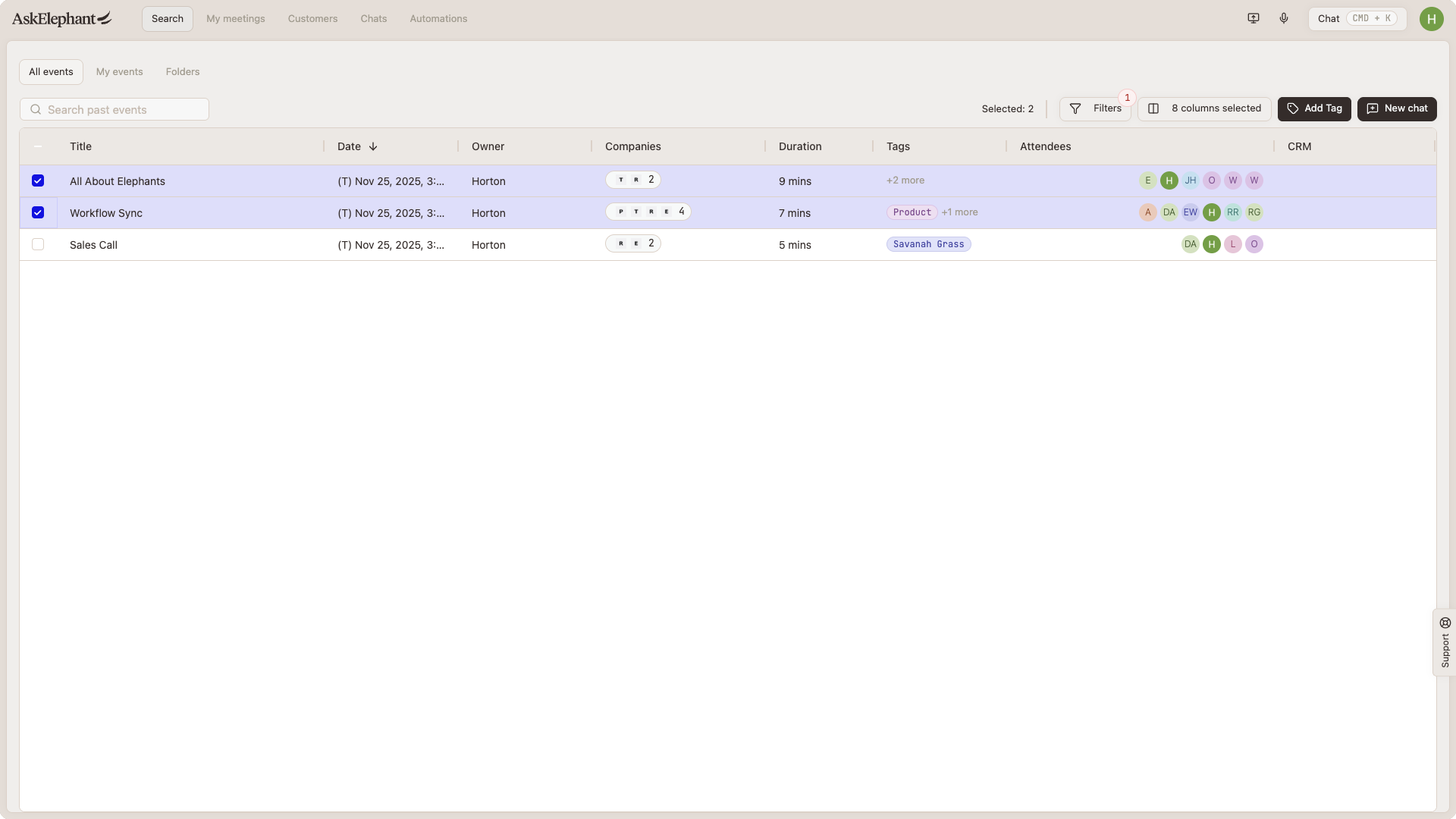 Search page events table with multiple meetings selected via checkboxes for bulk analysis in Chat