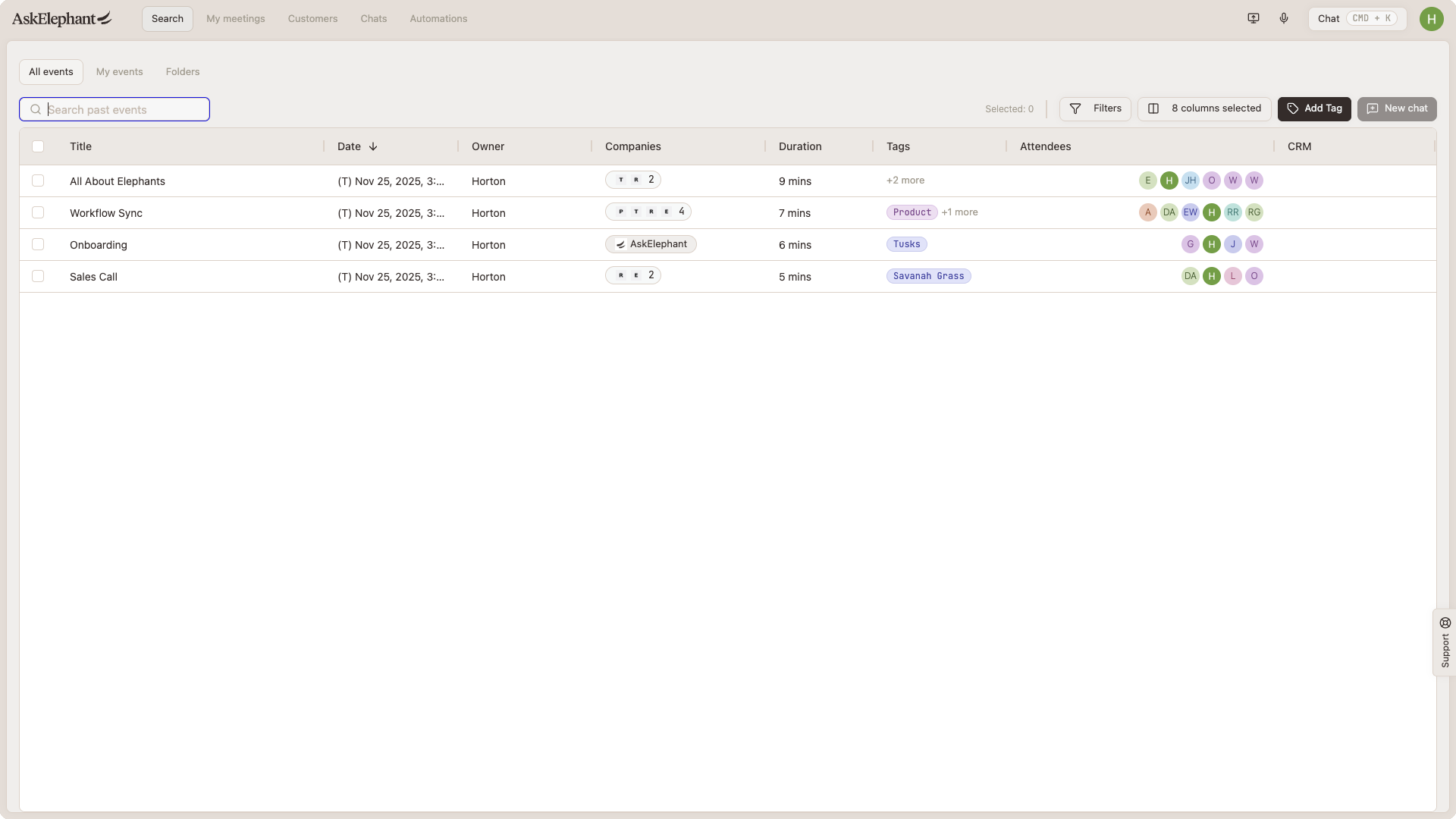 Search page all-events meeting table view