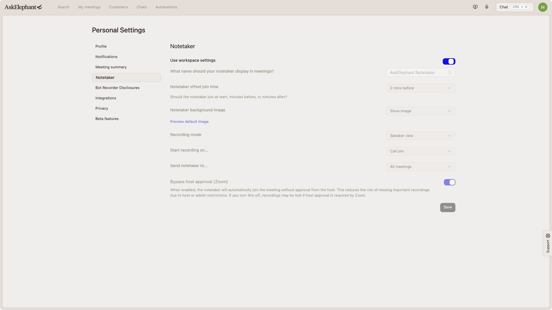 Personal notetaker settings using workspace defaults