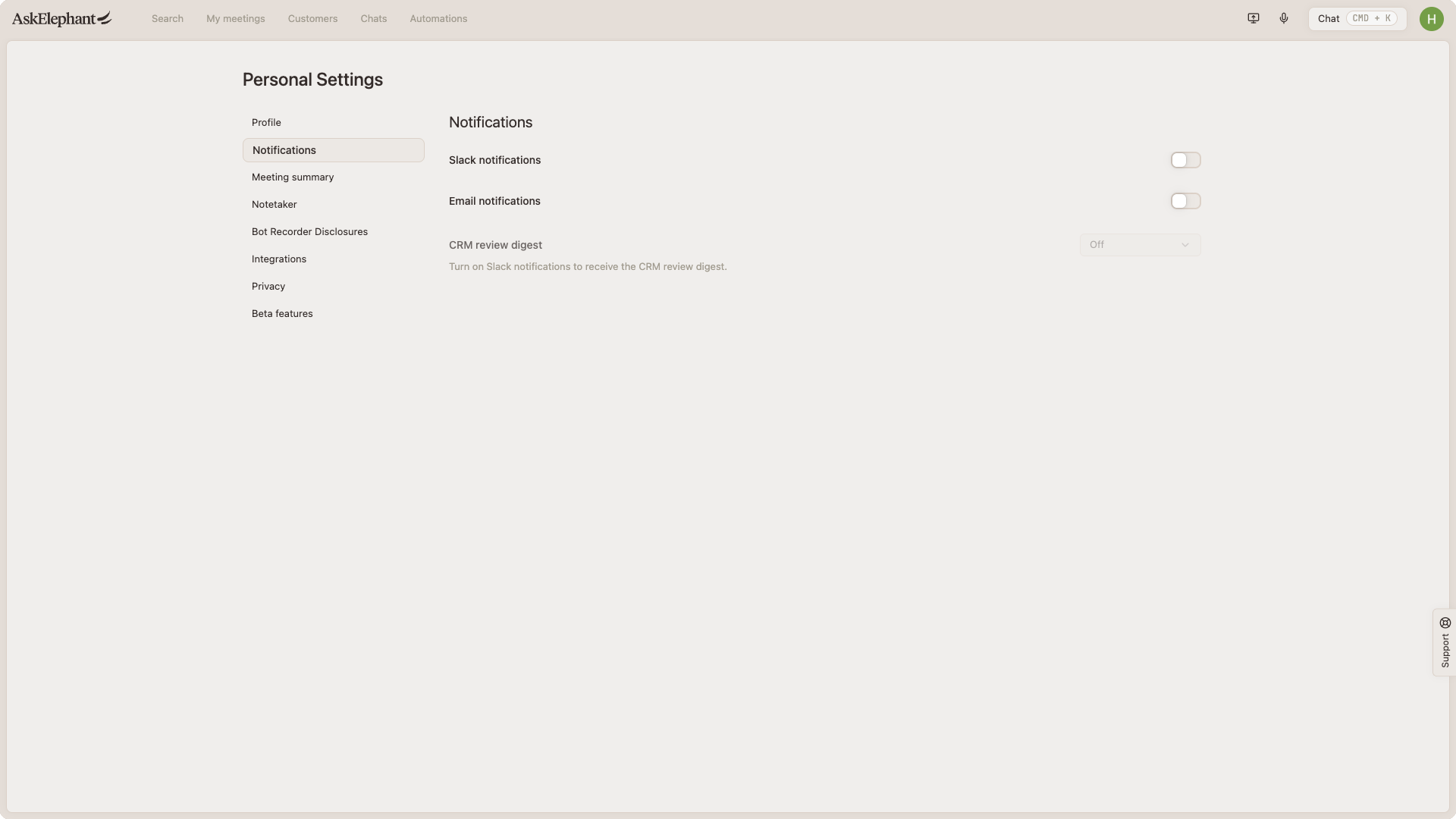 Notification settings with Slack and email alerts turned off