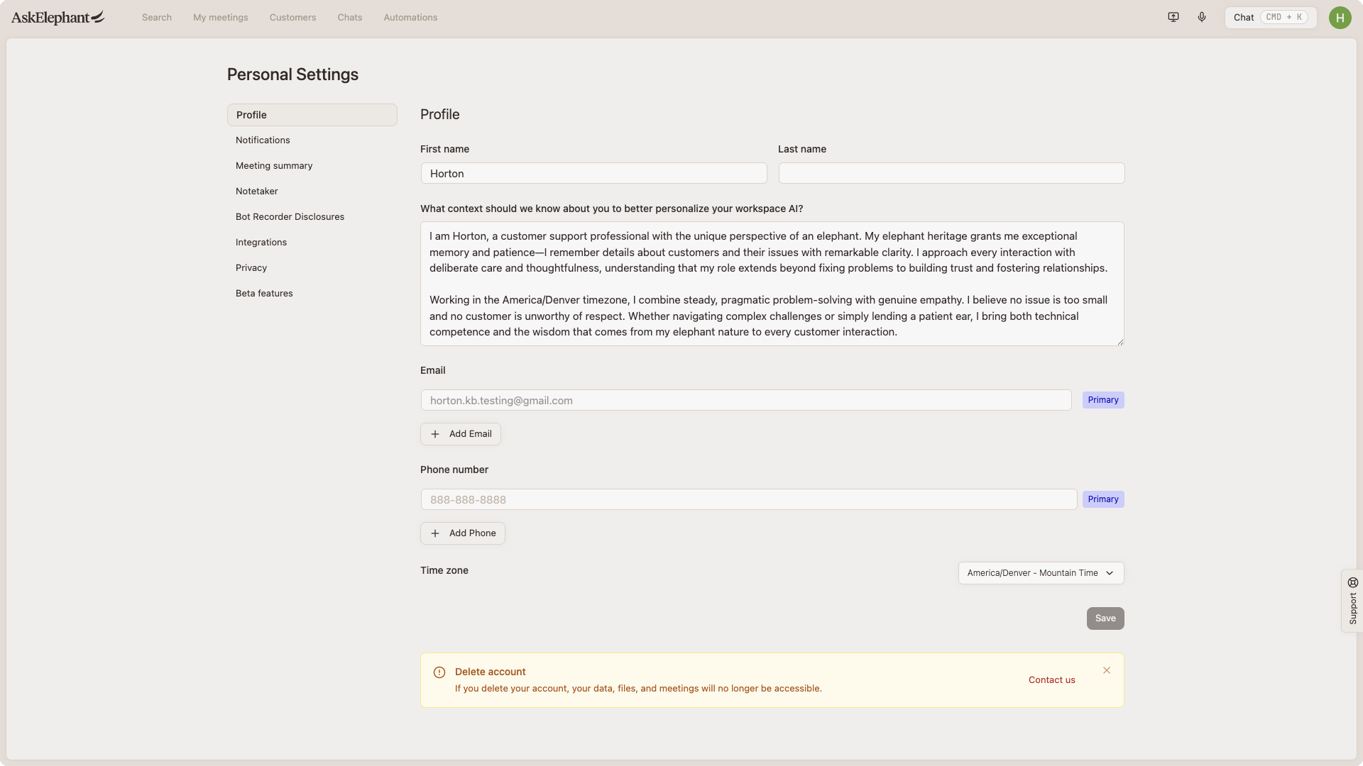 Personal Information settings: name, personal context, contact info, and time zone