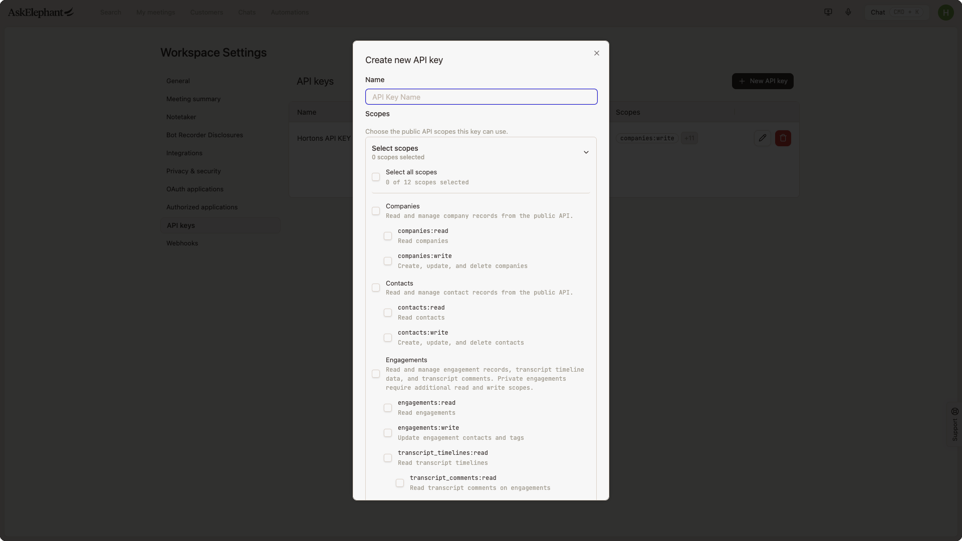 Create new API key modal with the name field and the scopes list expanded