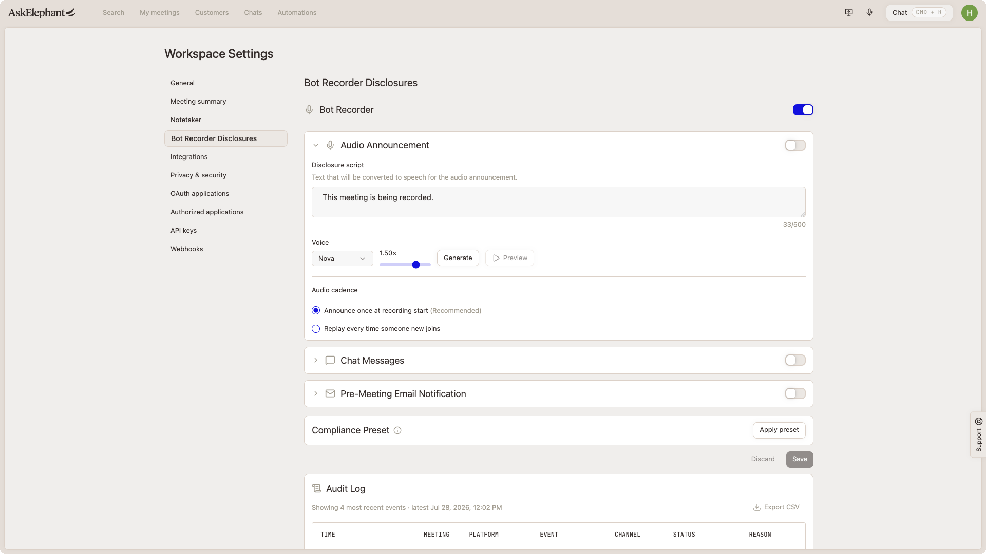 The Audio Announcements panel in AskElephant Bot Recorder Disclosures workspace settings, with fields for the spoken message, voice, playback speed, and cadence.
