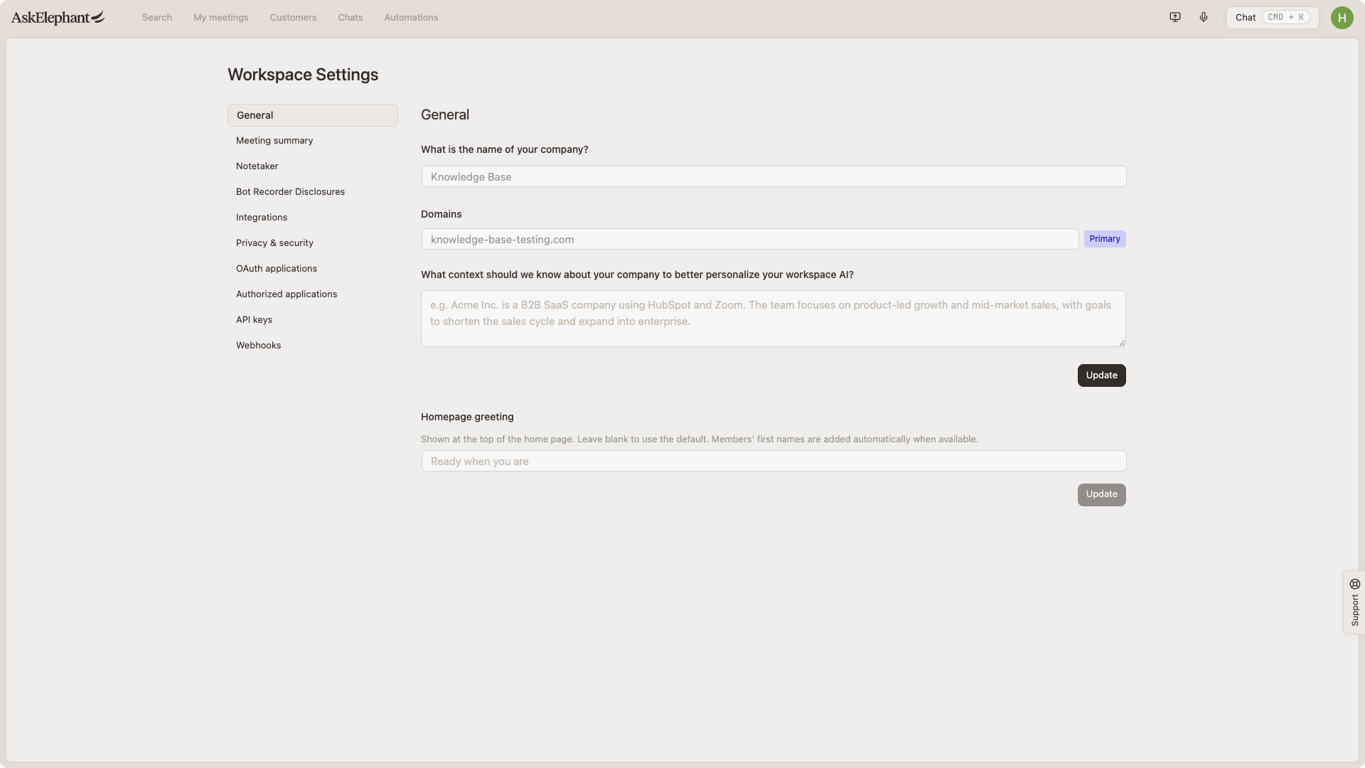 Workspace general settings form for company context